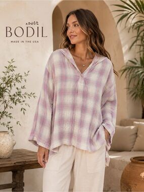 Bodil Organic Cotton Gauze Hooded Plaid Pullover Top M Western Boho Oversized C2